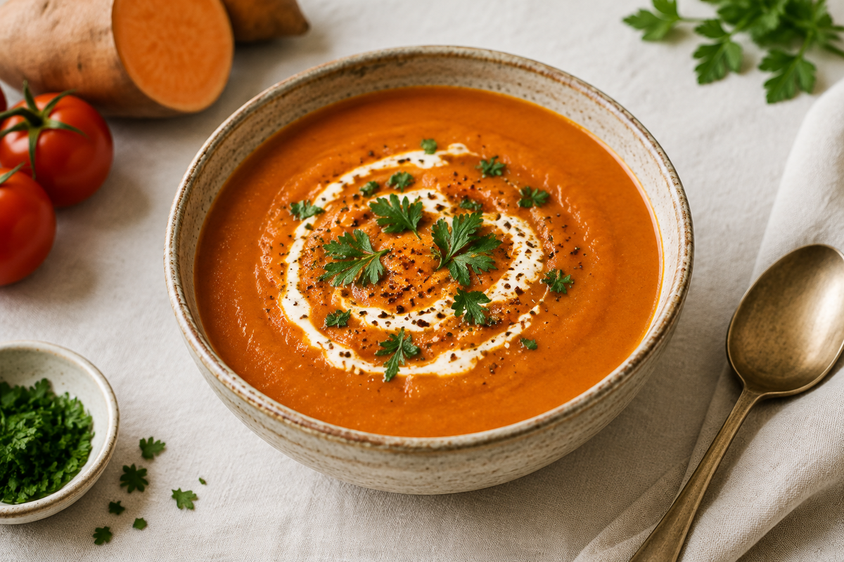 Ayurvedische tomaat-zoete aardappelsoep