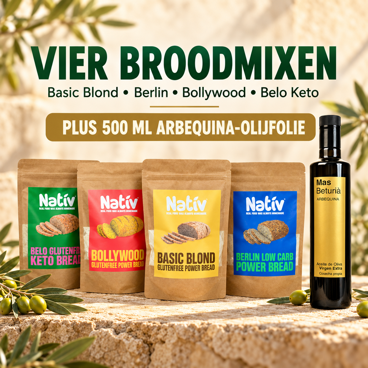 Nativ Bakpakket: 4 broodmixen + Arbequina olijfolie